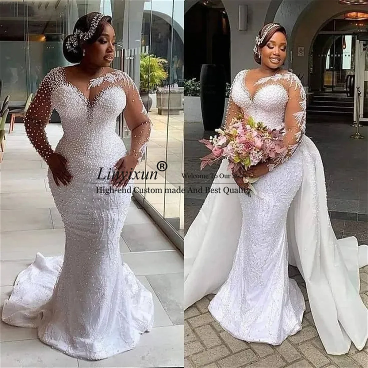 

Stunning Pearls Mermaid Wedding Dresses Sheer Neck Long Sleeves Detachable Train Bridal Gowns South African Vestido De Novia