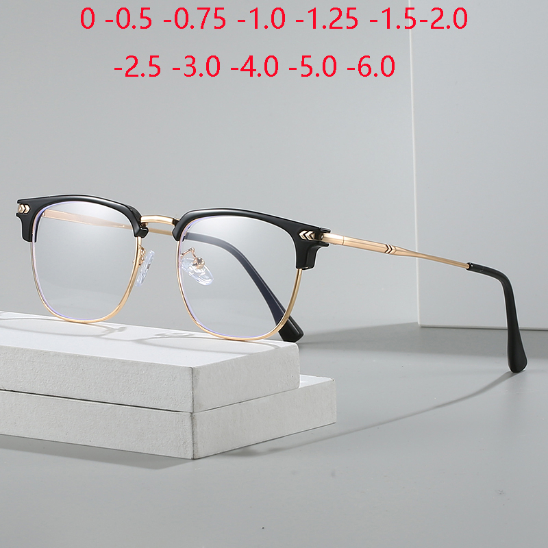 0 -0.5 -1.0 To -6.0 Anti Blue Rays Square Nearsighted Glasses For Women Men Vintage Metal Hinge Myopia Photochromic Eyeglasses