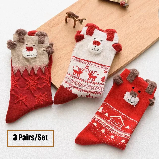 3 Pairs/Set Women Christmas Socks Cute Santa Claus Autumn Winter Elk Female Mid-Calf Socks Festival Kawaii Merry Christmas Sock 1