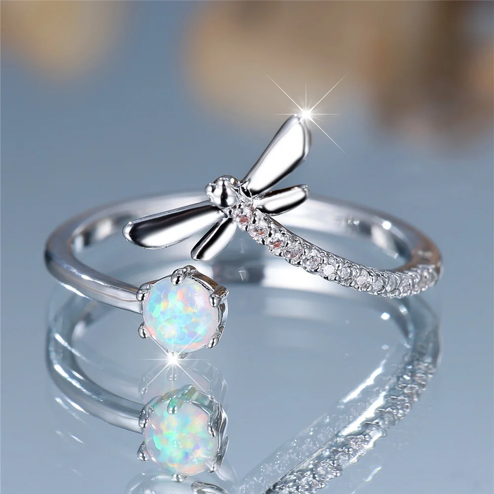 Charm Female White Fire Opal Round Stone Adjustable Open Ring Silver Color Cute Gift Wedding Jewelry For Women