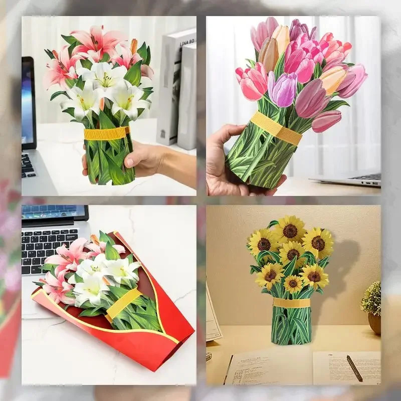 Paper Flower Bouquet Card 3D Pops-up Bouquet Forever Paper Hand Bouquet Valentine's Day Gift Mother's Day Cards