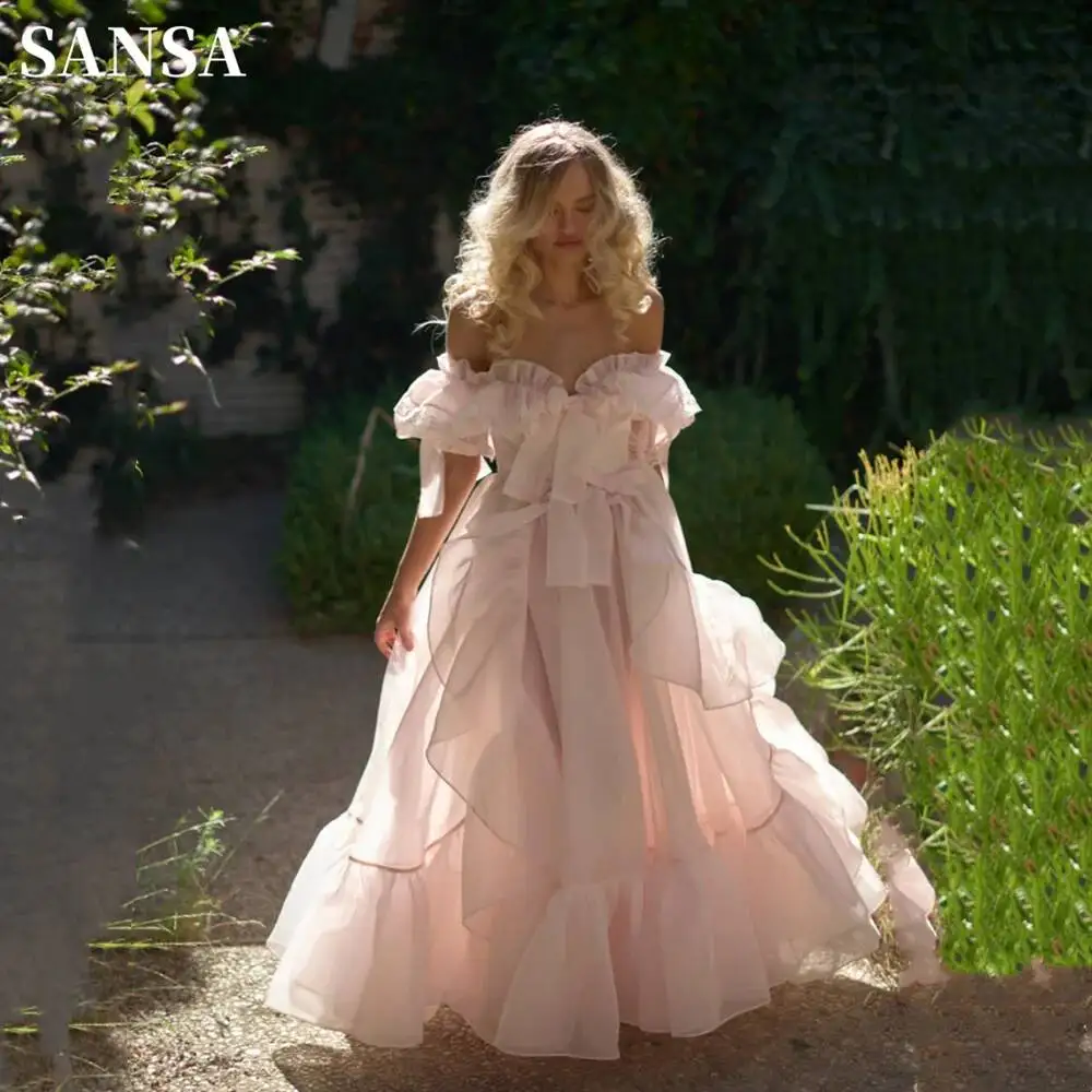 BABYONLINE Baby Pink Off Shoulder Sweet Edge Curl Organza Vestidos De Noche Puffy Prom Dress Customized فساتين السهرة