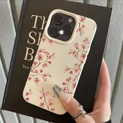Pink Cherry Blossom Lychee Soft Phone Case Cover - iPhone 15 (White)