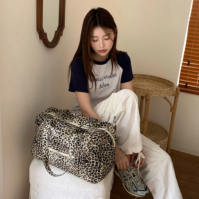 A 틈새 레오파드 무늬 캔버스 핸드백, 하이 엔드 레오파드 무늬 통근 숄더백, 크로스 보더, 대용량 비즈니스 여행 가방