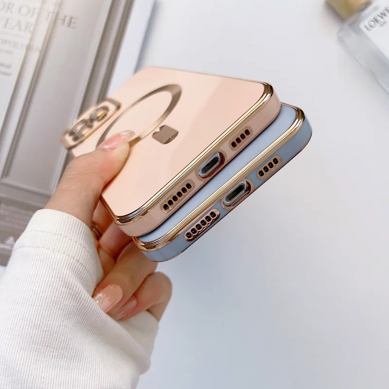 Plating Frame Phone Case iPhone 13 12 11 Pro Max 14 Plus For Magsafe Magnetic Wireless Charging Lens Protective_voghion.com