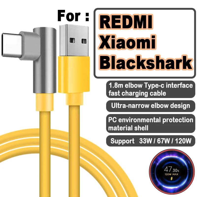

Xiaomi 120W Charger Cable USB Type C 6A For Redmi Note 11 10 Pro+ K40 Gaming K50 Pro Turbo Charger Elbow 90 Degree 1.8m Original