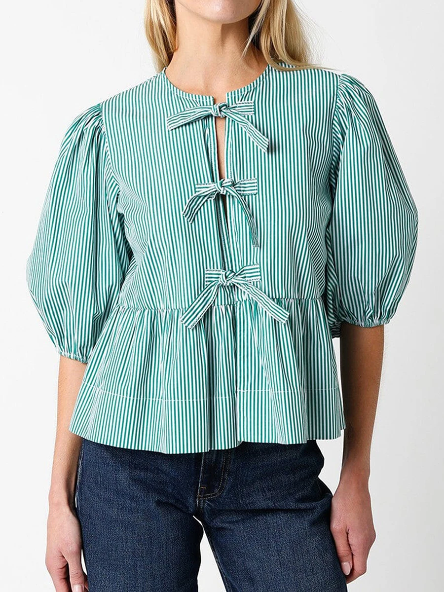 

Женская блузка с завязкой, свободная блузка с пышными рукавами, круглым вырезом, оборками на Подоле и баской