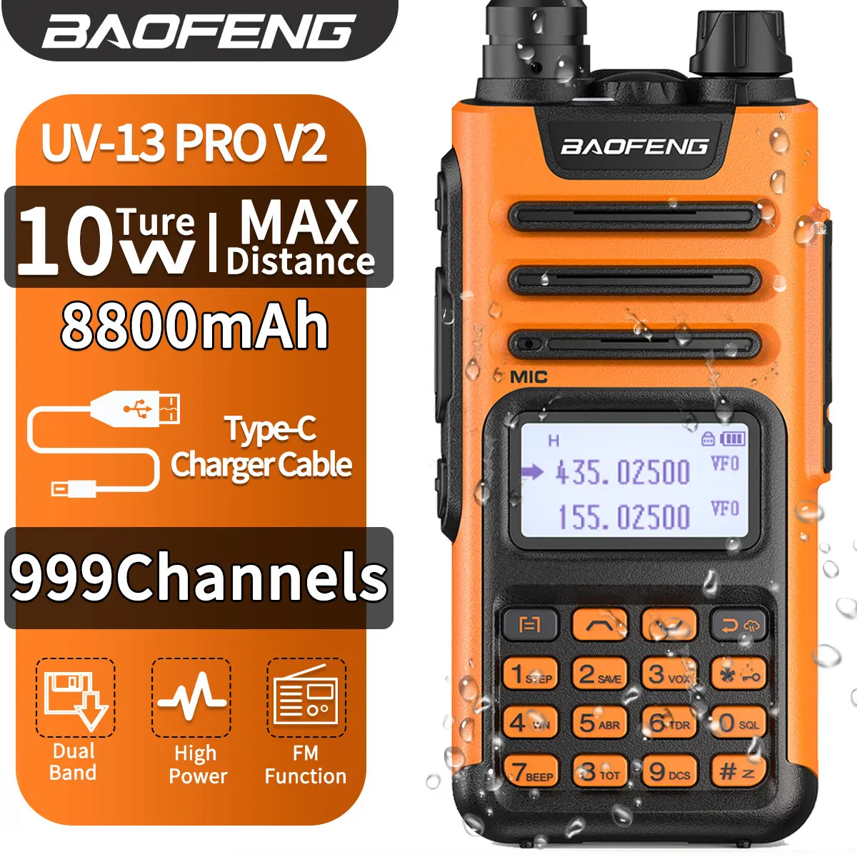 Baofeng UV-13 PRO Walkie Talkie 10W 8800mAh High Power 999 Channel Dual  Band UHF VHF Radio Transmitter Typ-C Jack Upgrade 10R