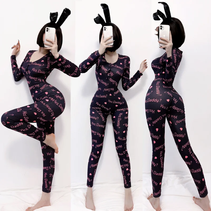 

Sexy Body Lingerie Women Zipper Zentai Printed Jumpsuit Japanese Anime Underwear Costume Sexi Bodysuit Plus Size Sleepwear M-2XL