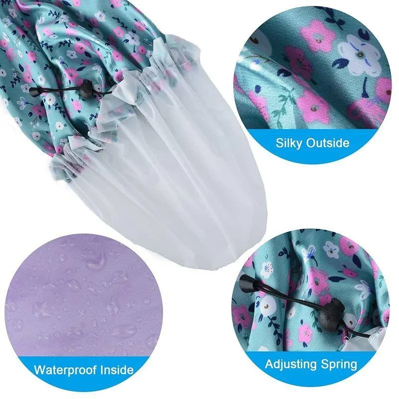 Shower Caps Reusable Waterproof Double Layer with PEVA Lining Adjustable Elastic Band