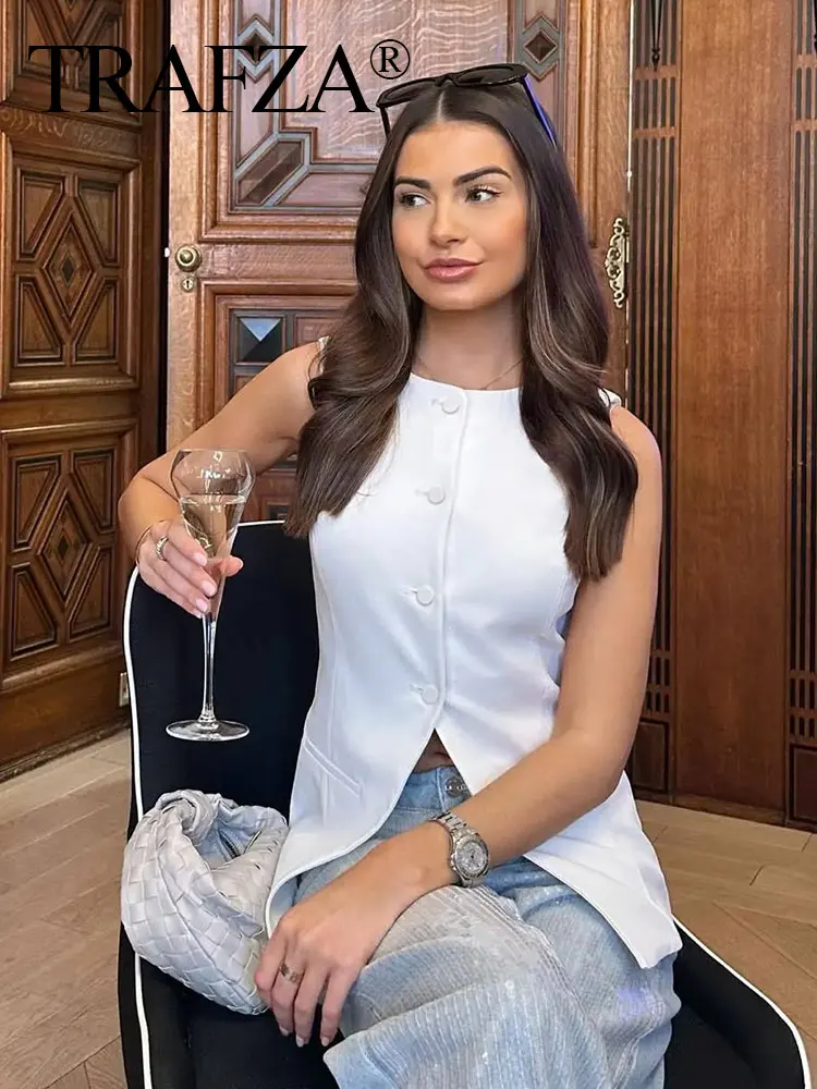 TRAFZA Women Elegant White Vests O Neck Single Breasted Sleeveless Blazer Top 2024 Summer Female Fashion Streetwear Vests TRAF
