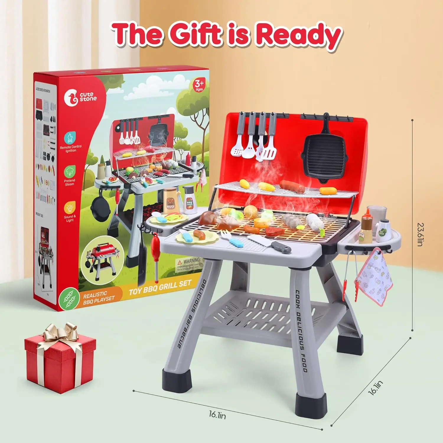 CUTE STONE Children's BBQ Grill Toy, Kitchen Playset, Realistic Smoke BBQ Grill Playset with Toy Kitchen Accessories. 6