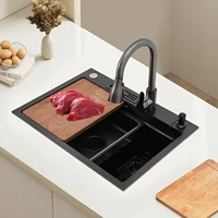 Stainless Steel Kitchen Sink Nano Coating Sink Full Set Thickened Large Single Sink w/Pull-out Faucet Basin KnifeKitchen Washing 1