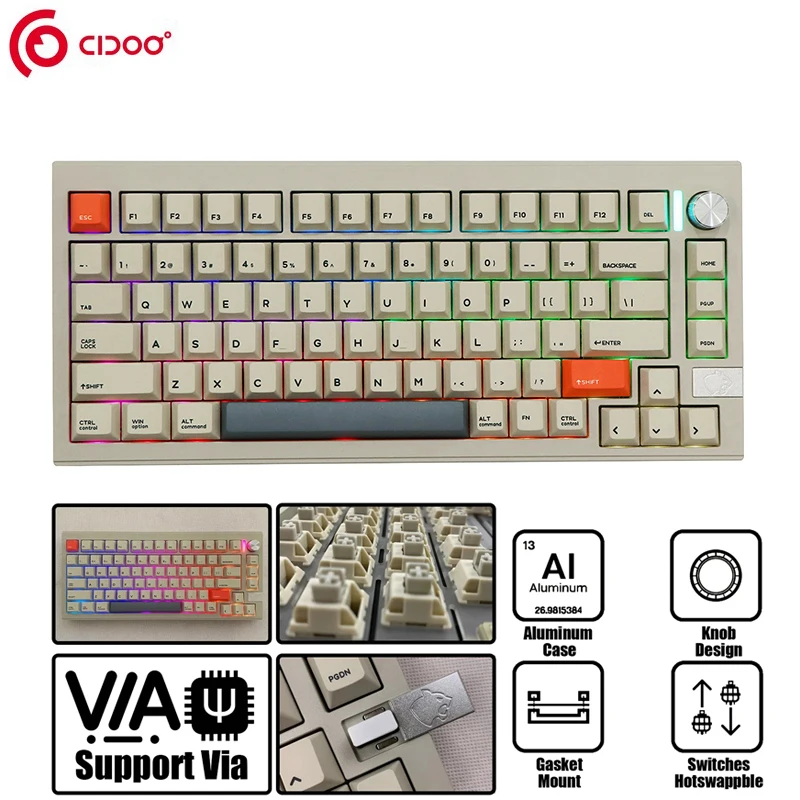 CIDOO V75 PRO VIA 프로그래밍 가능 개스킷, 트라이 모드 블루투스, 2.4Ghz, USB-C 무선 유선 기계식 키보드, 알루미늄 CNC 키보드