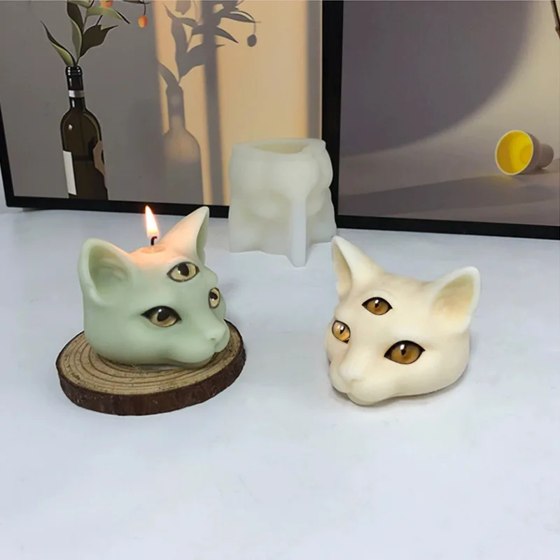 Three Eyes Cat Head Silicone Candle Mold 3D Animal Soap Plaster Resin Decorative Crafts Making Kit DIY Chocolate Ice Baking Mold