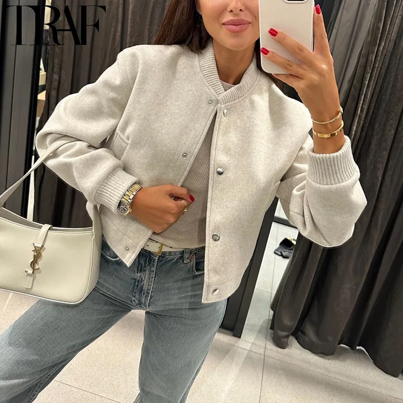 TRAF Cropped Bomber Jackets For Women Autumn Long Sleeve Baseball Jacket Woman Fashion Winter Button Aviator Jackets Streetwear 2