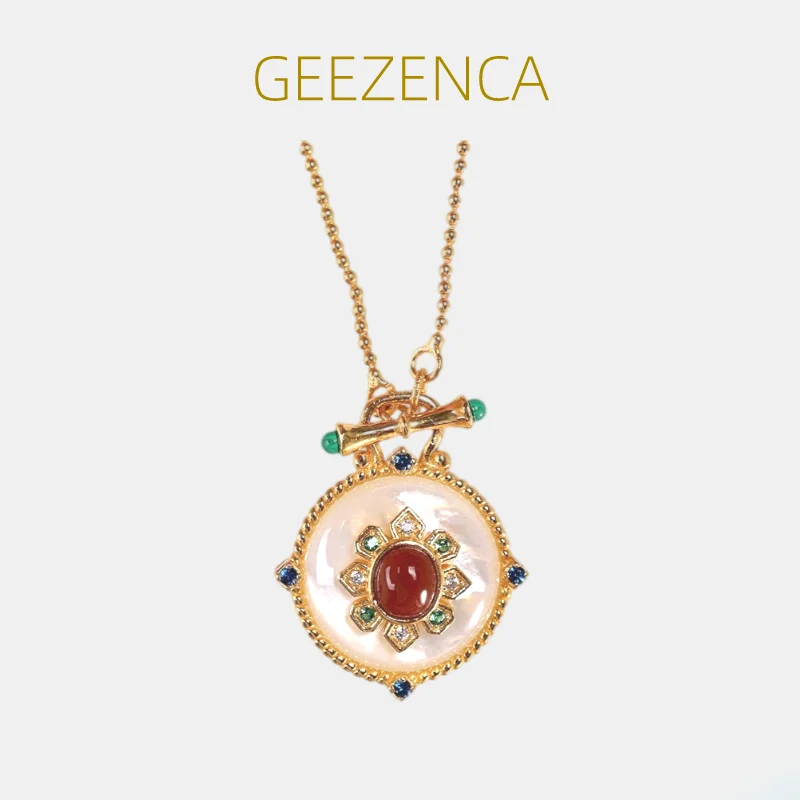 

GEEZENCA S925 Silver Red Agate White Mother Of Pearl Pendant Necklace For Women Court Luxury Chokers Necklaces 2023 New Gift