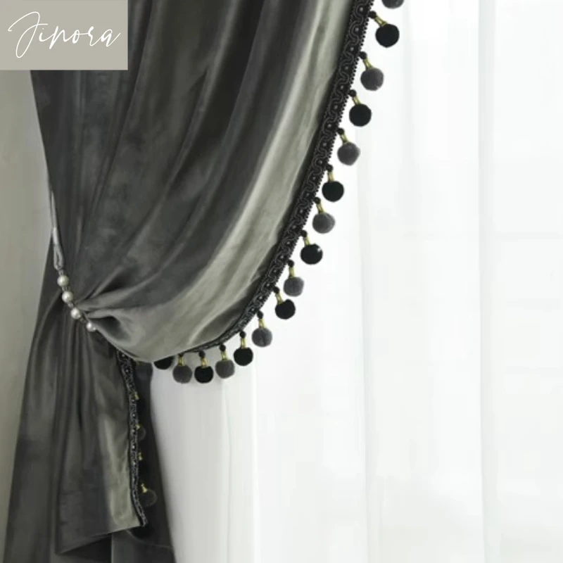 High-end European Velvet Curtains for Living Room Bedroom Solid Color Blackout Velvet Finished Product Customized Fur Ball Lace 6