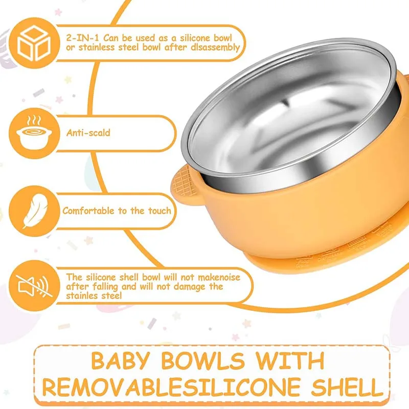 Silicone Sucker Bowl Detachable Stainless Steel Bowl Baby Feeding Tableware Infant and Baby Learning To Eat Silicone Feeding Set