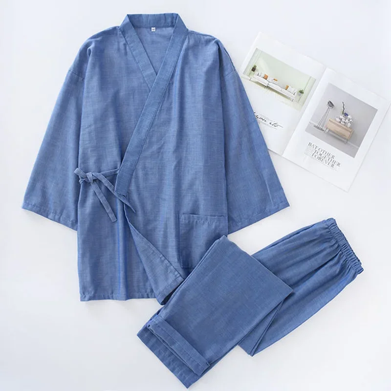 Pure Cotton Japanese Kimono Traditional Summer Autumn Pajamas Set Yukata Women Men Causal Long Sleeve Home Clothes Kimono Suit japanese kimono