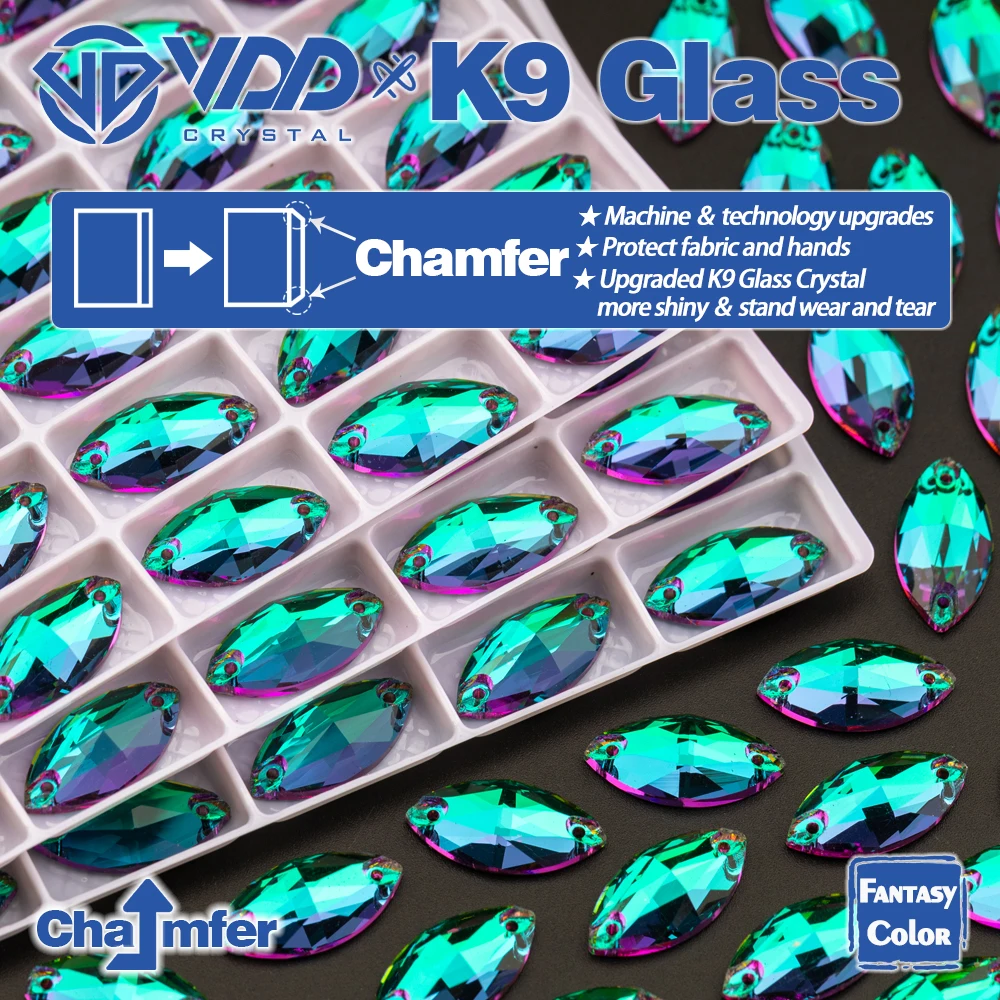 VDD Navette 헬리트로프 컬러 최고 품질 K9 유리, 의류 장 라인석 재봉 크리스탈 플랫백, 9x18mm, 36 개