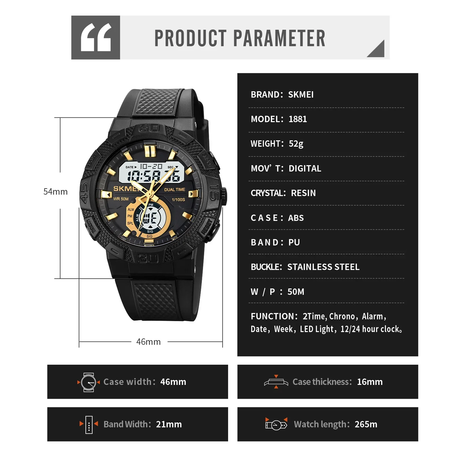 SKMEI 1881 Digital Sport Watch for Men Stopwatch Waterproof Military Electronic Mens Quartz Wristwatches Clock Reloj Hombre 2123 6