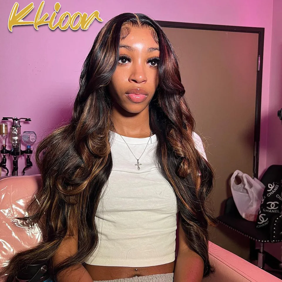 

Brown And Black Highlight Wig 13X6 Body Wave Lace Frontal Pre-Plucked Wig Human Hair Wigs 180 Density 100% Human Hair For Women