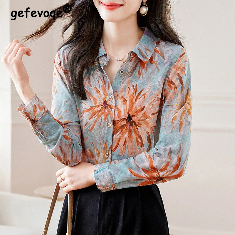 

Spring Autumn New Elegant Fashion Floral Printing Shirt Ladies Long Sleeve Loose Casual Cardigan Blouse Women's All-match Top