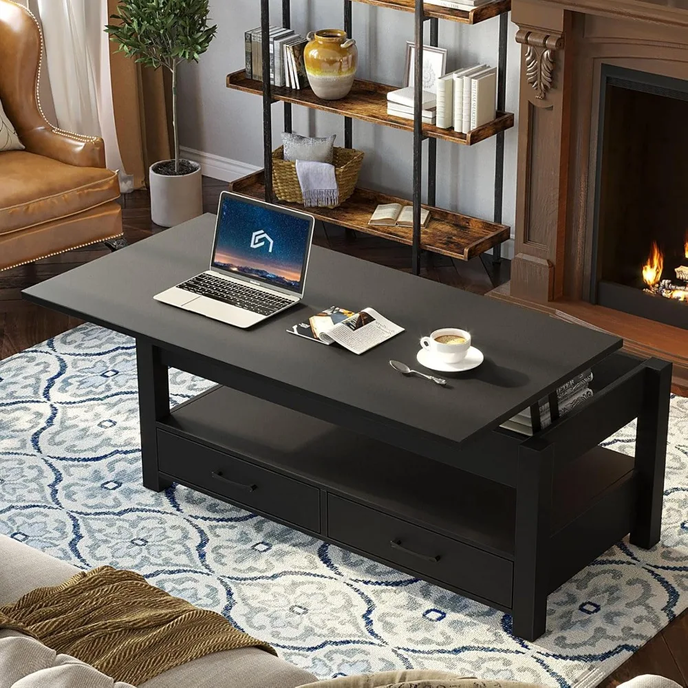 Coffee Table, Lift Top Coffee Table with Drawers and Hidden Compartment, Retro Central Table with Wooden Lift Tabletop 2