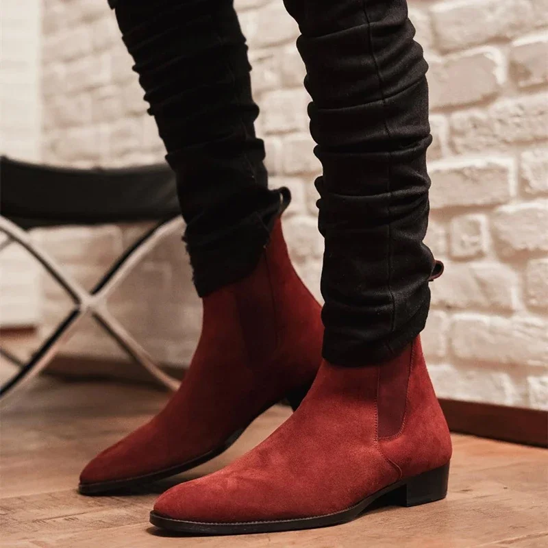New In Wine Red Men Chelsea Boots Flock Round Toe Business Boots for Men with Bottes Pour Hommes