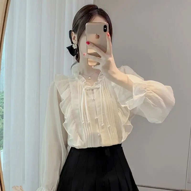 

Elegant Button Flare Sleeve Ruffles Shirts Female Clothing Summer New Loose All-match Tops Solid Color Vintage Sweet Blouse Q109