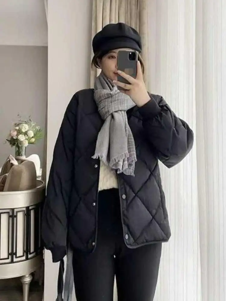 

Harajuku Autumn Winter Women Jackets And Coats Round Neck Korean Plaid Down Jacket Youth Warm White Duck Down Jacket