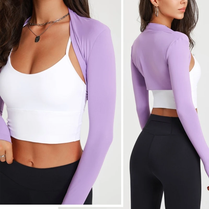 Womens Long Sleeves Shrug Cardigan Ladies Open Front Crop Cardigan All-matching Sport Crop Tops for Yoga Running Gym 5