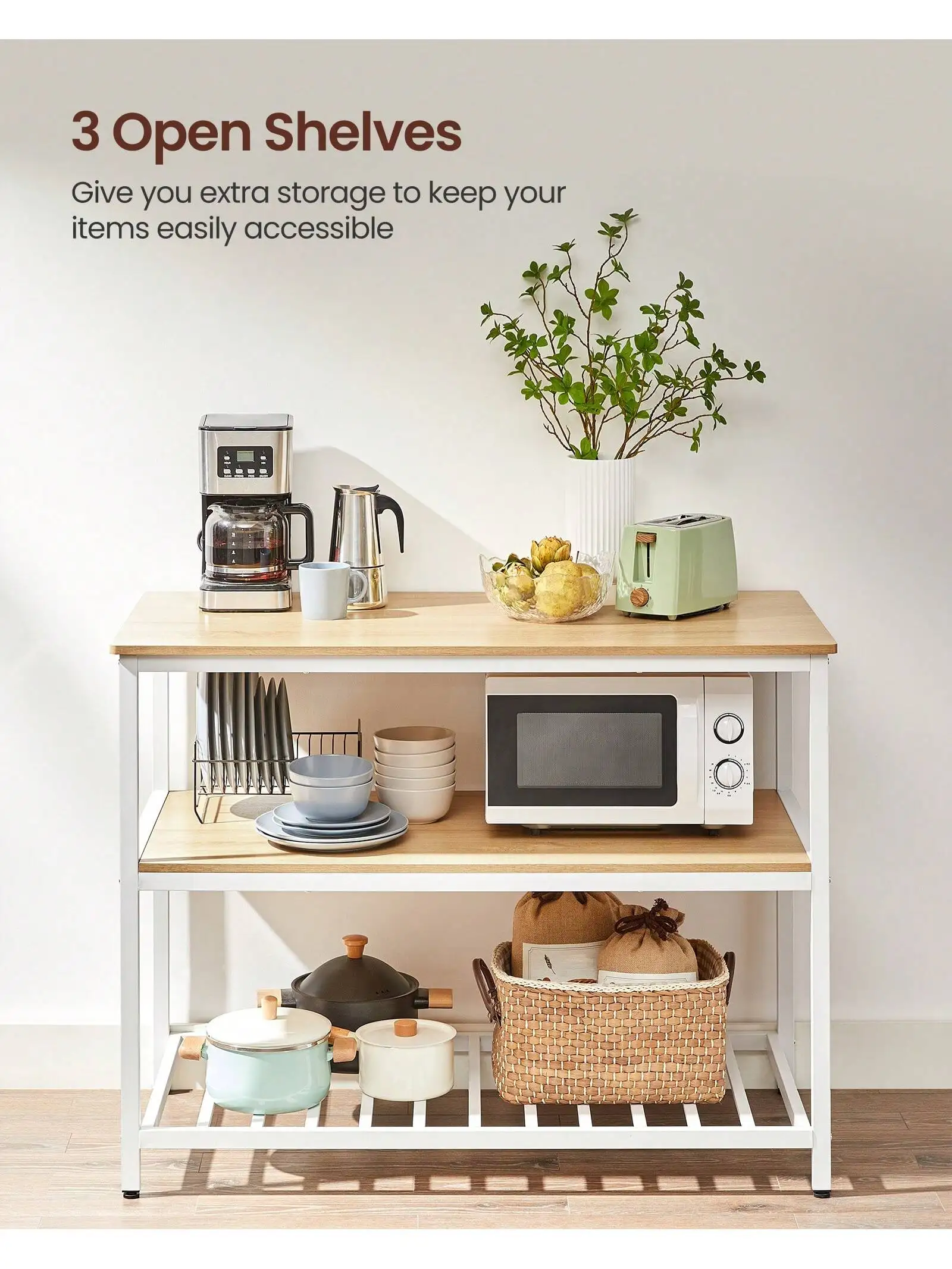VASAGLE Kitchen Island with 3 Shelves, 47.2 Inches Width Kitchen Shelf with Large Worktop, Stable Steel Structure, Industrial 3