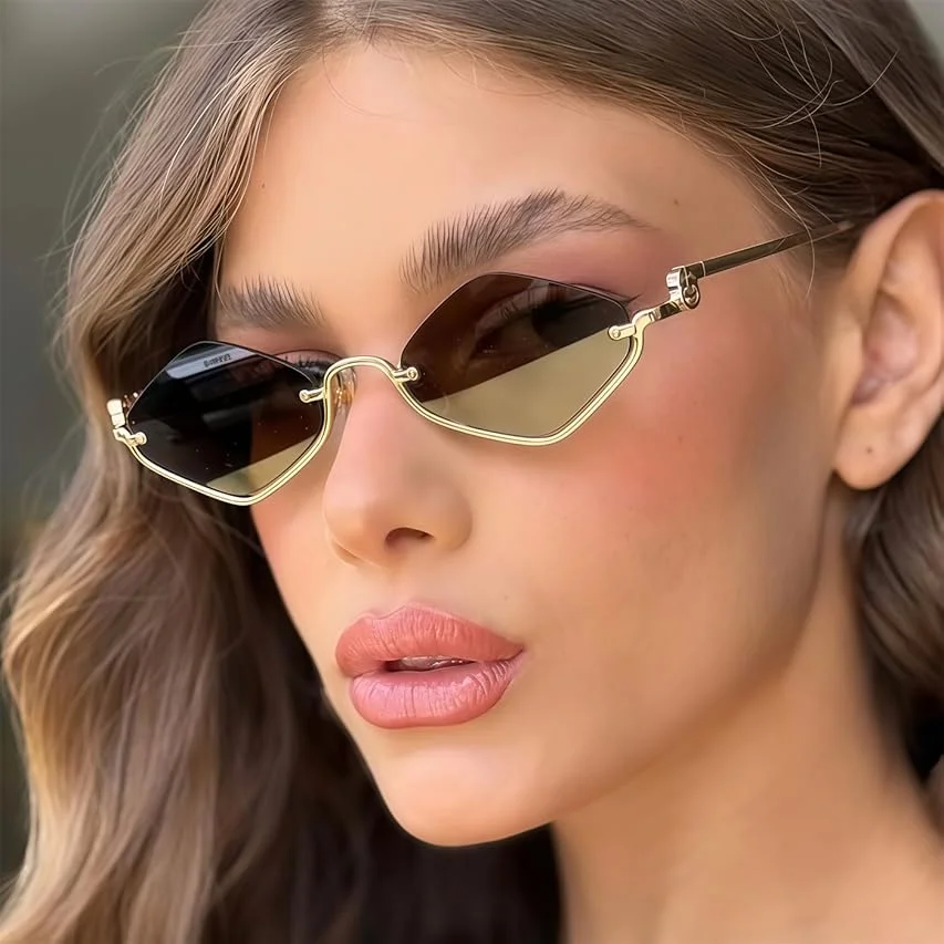 Retro Kleine Unregelmäßige Halbrahmen-Metallsonnenbrille für Damen, Trendige Leichte Schmale Goldene Sonnenbrillen