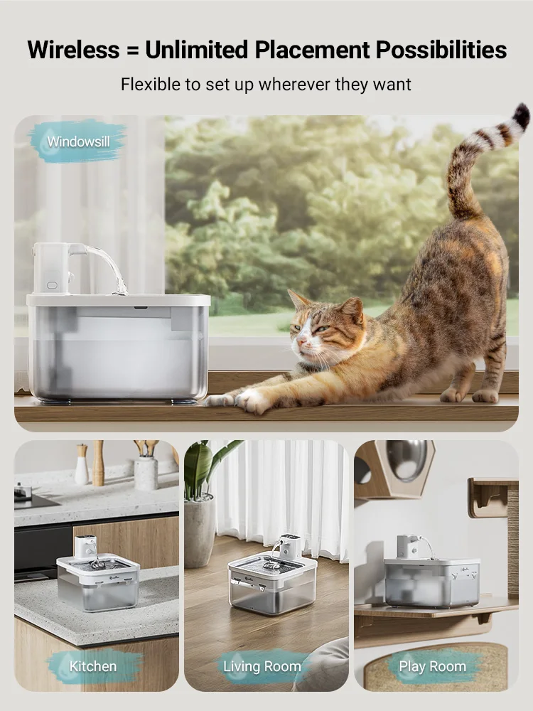 cat water fountain DownyPaws 2.5L Automatic Stainless Steel Cat Water Fountain 4000mAh Wireless Pet Drinker Battery & Sensor 2 in 1 Dispenser