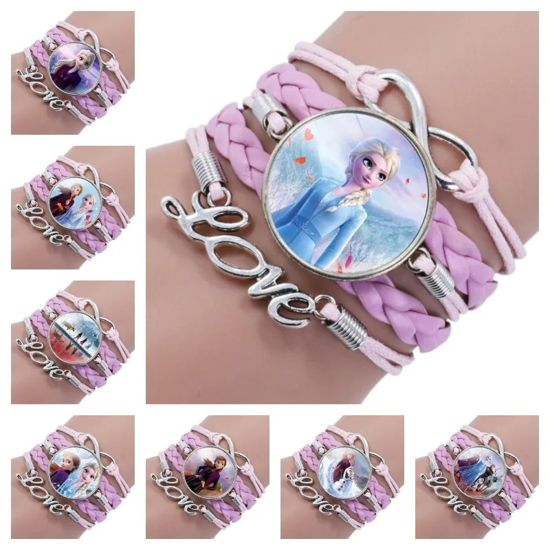 

Disney Frozen Elsa Bracelet Pink Hand-knitted Leather Anime Figure Cartoon Bracelets Cute Bracelet Birthday Gift Christmas Gifts