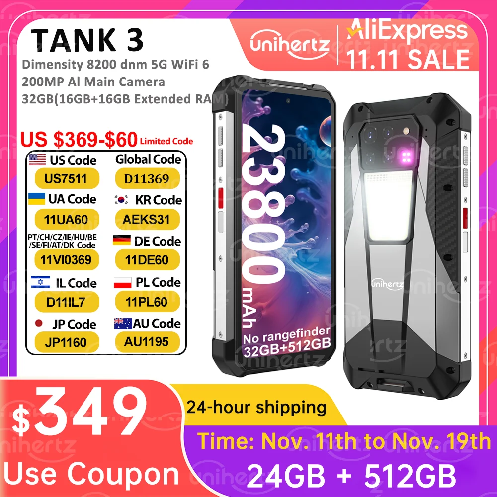 Unihertz Tank 3 8849 Android 13 Smartphone Rugged 23800mAh 32GB 512GB 200MP 5G Mobile Phone Waterproof 120W Night Vision Phones