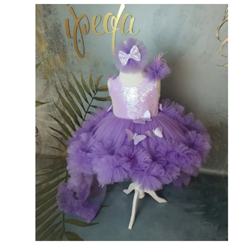 

Purple Children Flower Girl Dresses Bow Butterfly Tulle Birthday Baptism Dress Sequin Baby Kids Holy First Communion Prom Gown