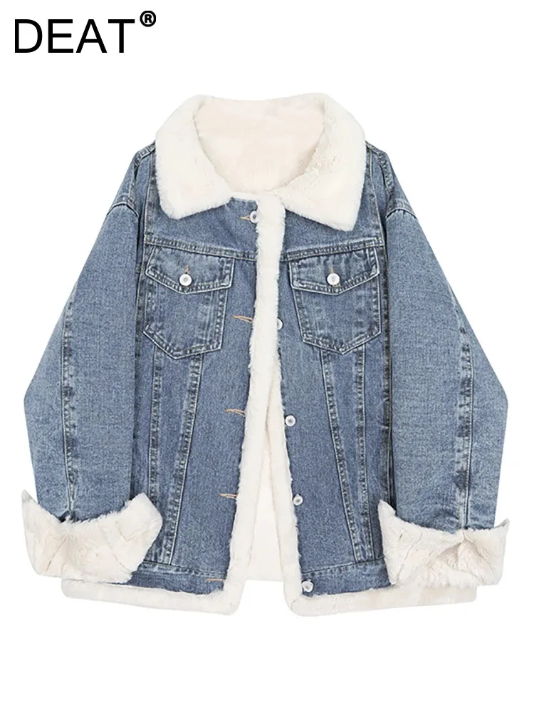 

DEAT Women's Denim Coat Turn-down Collar Lamb Wool Thick Plush Patchwork Cotton-padded Jackets 2023 Winter New Fashion 29L6484