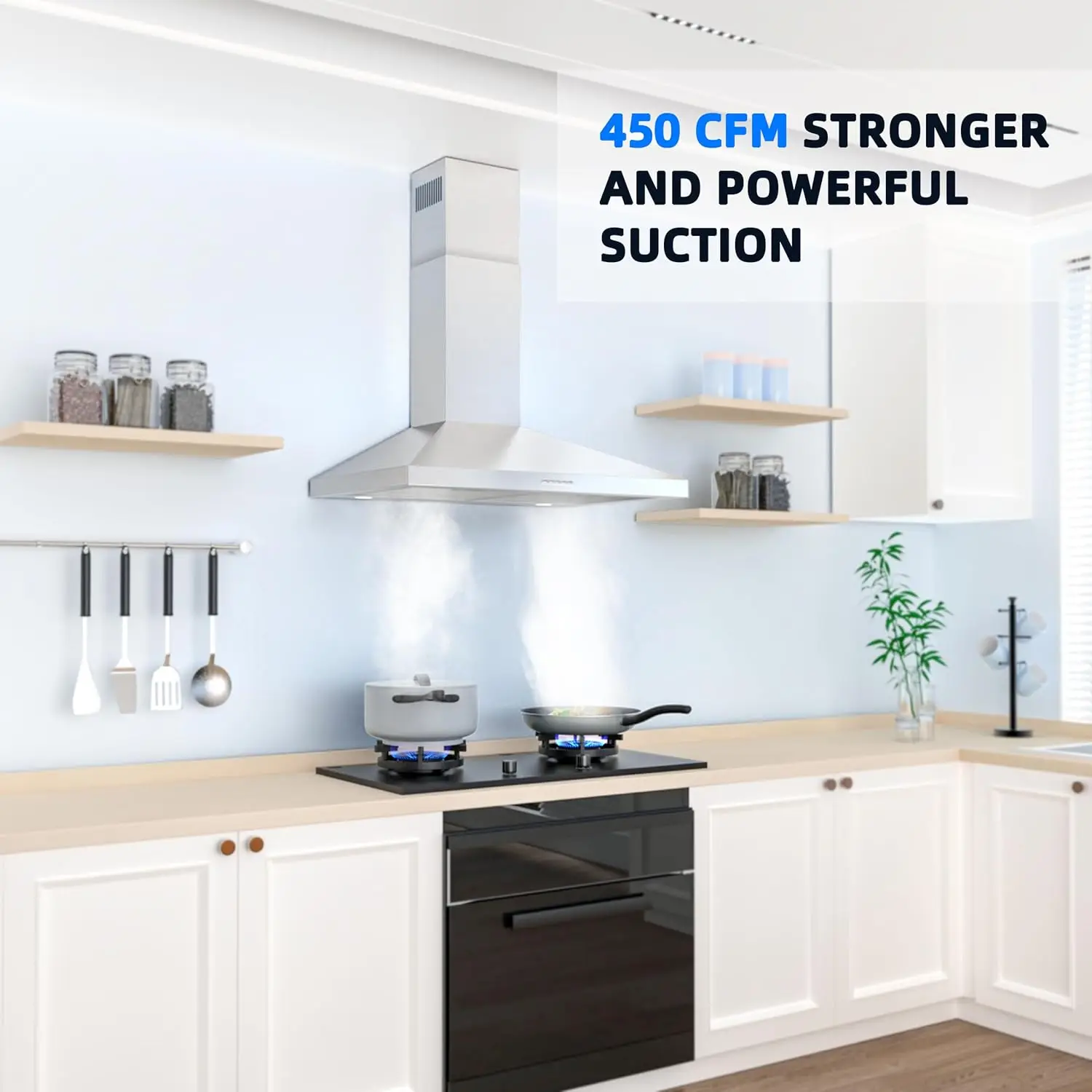 Stainless Steel Wall Mount Kitchen Hood 450 CFM with 3 Speed Exhaust Fan, Ducted/Ductless Convertible