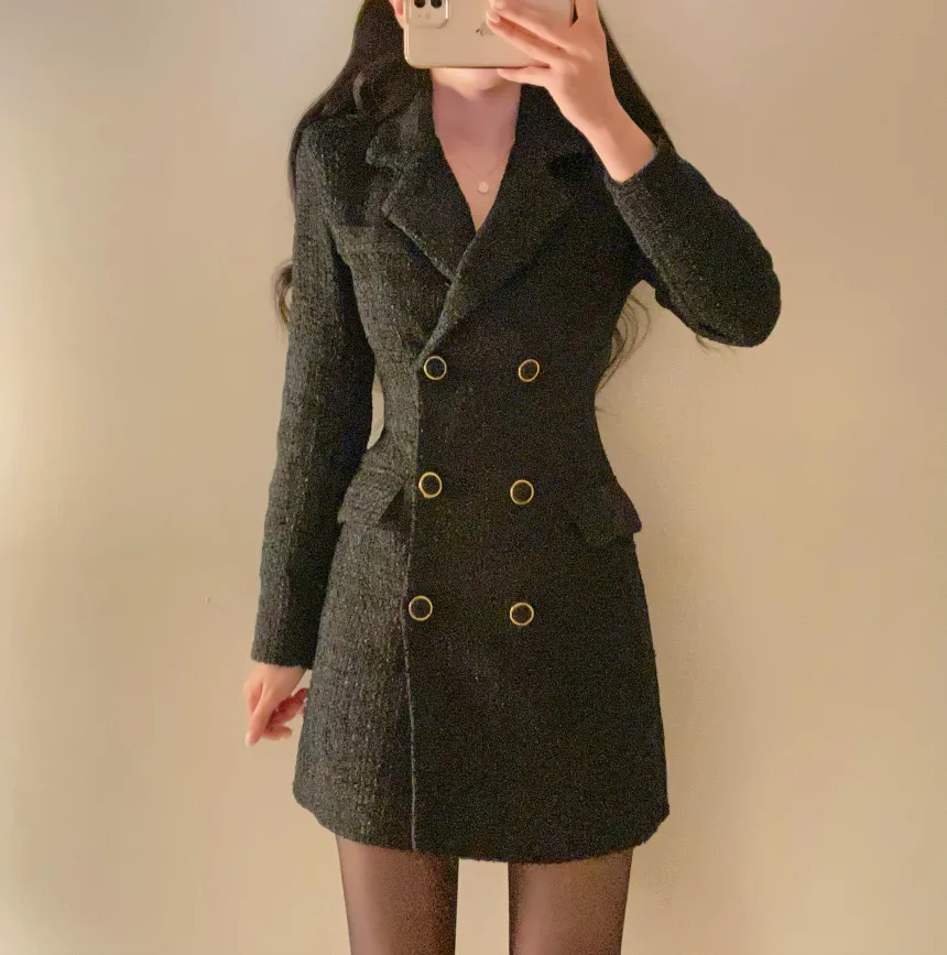 Autumn Winter Elegant Tweed Blazer Dress Double Breasted Slim Short Dresses for Women Korean Fashion Office Lady Coat Dress New