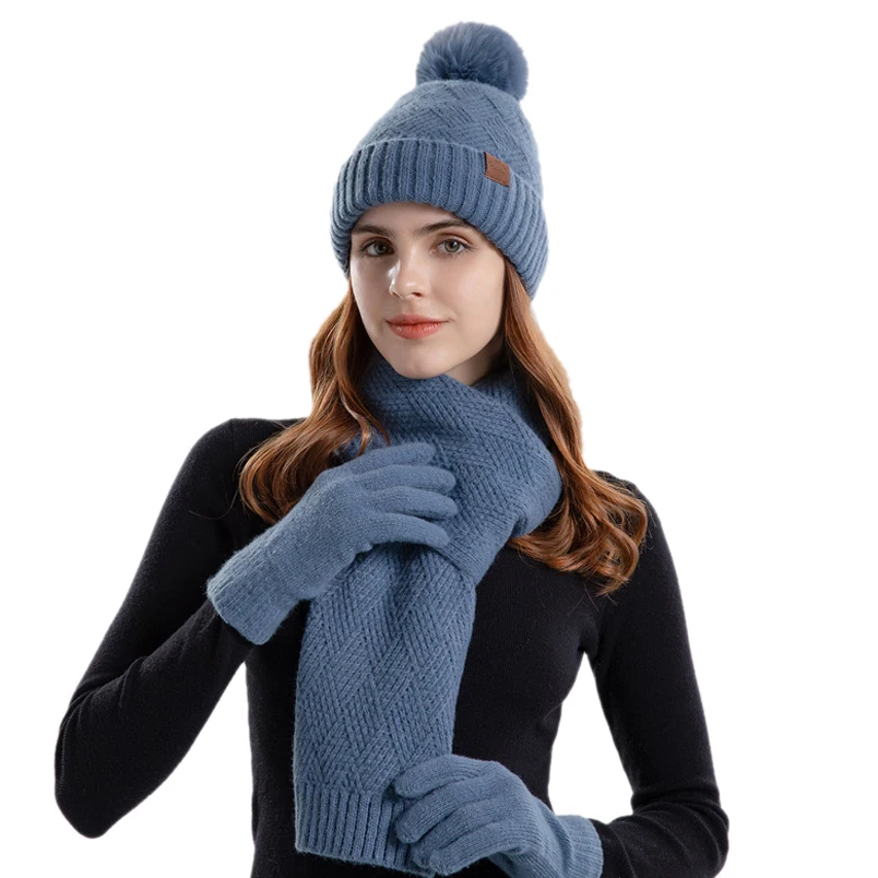 

3PCS/set Winter Pompom Hat Scarf Gloves Set Lady Outdoor Warm Thick Fleece Lined Skullies Beanies Touch Screen Full Finger Glove