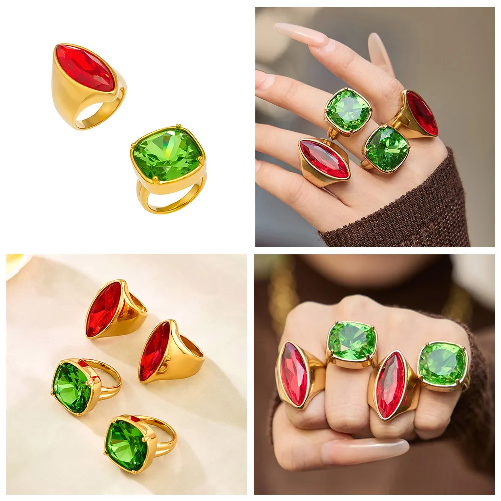 Ovale, quadratische Edelstahlringe für Damen, 18 Karat vergoldet, mit farbigem, funkelndem Glasstein, luxuriöse Cocktailringe – Detail 1