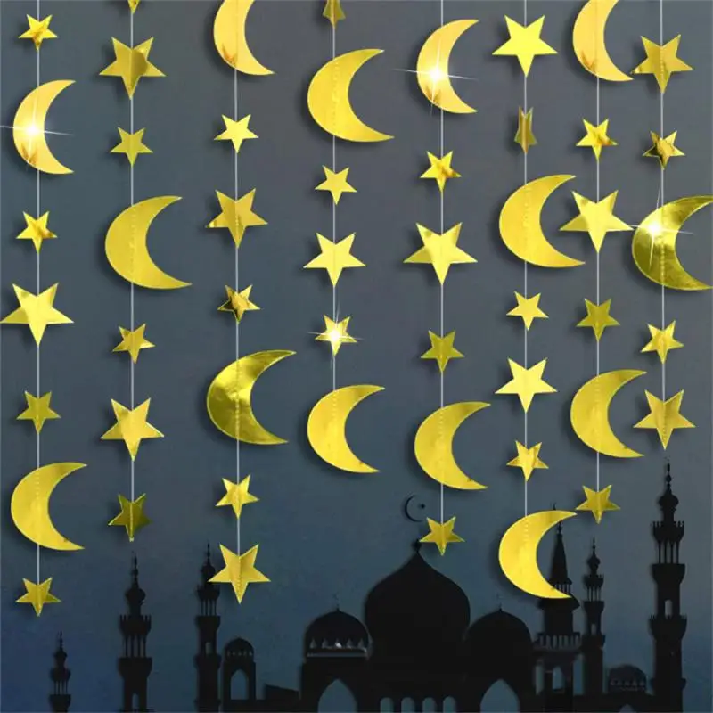 2023 Ramadan Pull Flower Room Layout Blu Argento Oro 2M 4M Star Moon Paillettes Bandiera Decorativa Banner Forniture Per Feste Festive