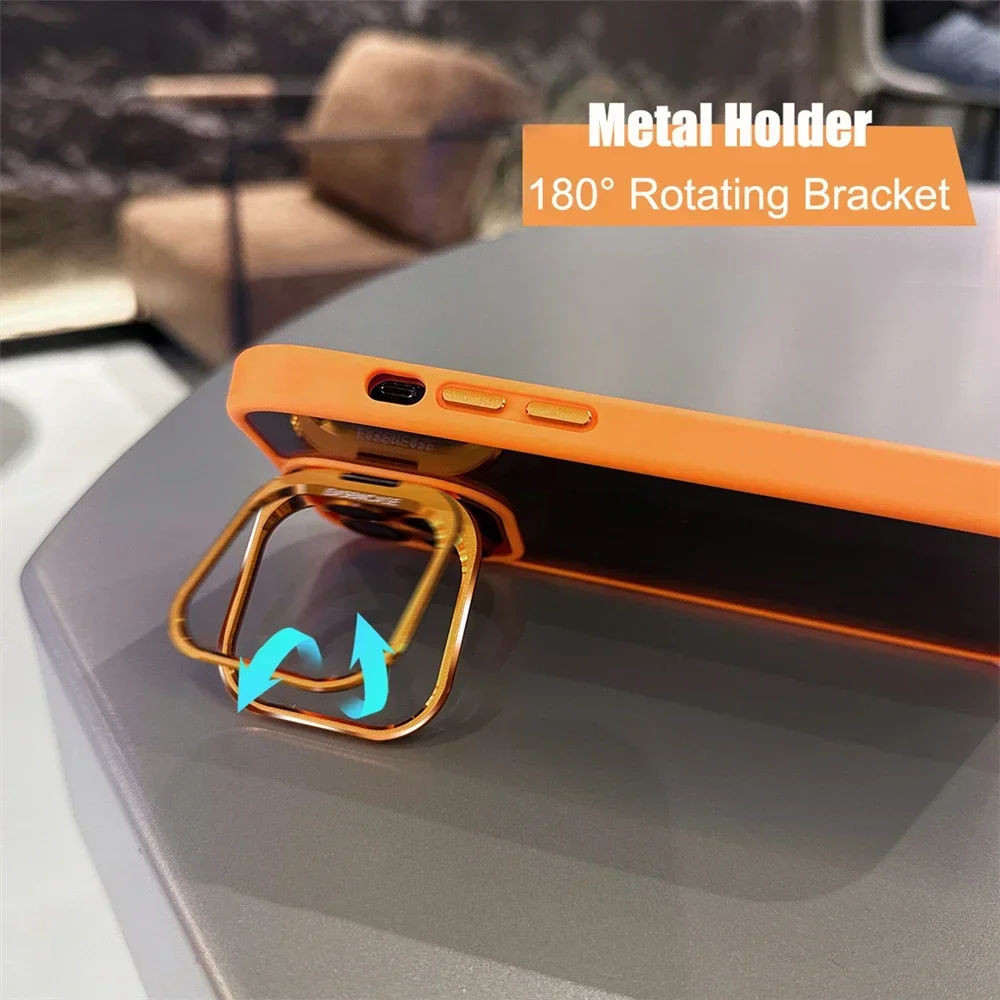 Lens Metal Ring Protector Stand Case with Camera Glass Protection and Transparent Back Cover