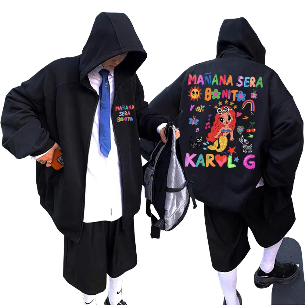 Singer Singer Karol G Heart Mañana Sera Bonito Album Graphic Zipper Hoodie Men Women's Hip Hop Cartoon Oversized Zip Up Jacket