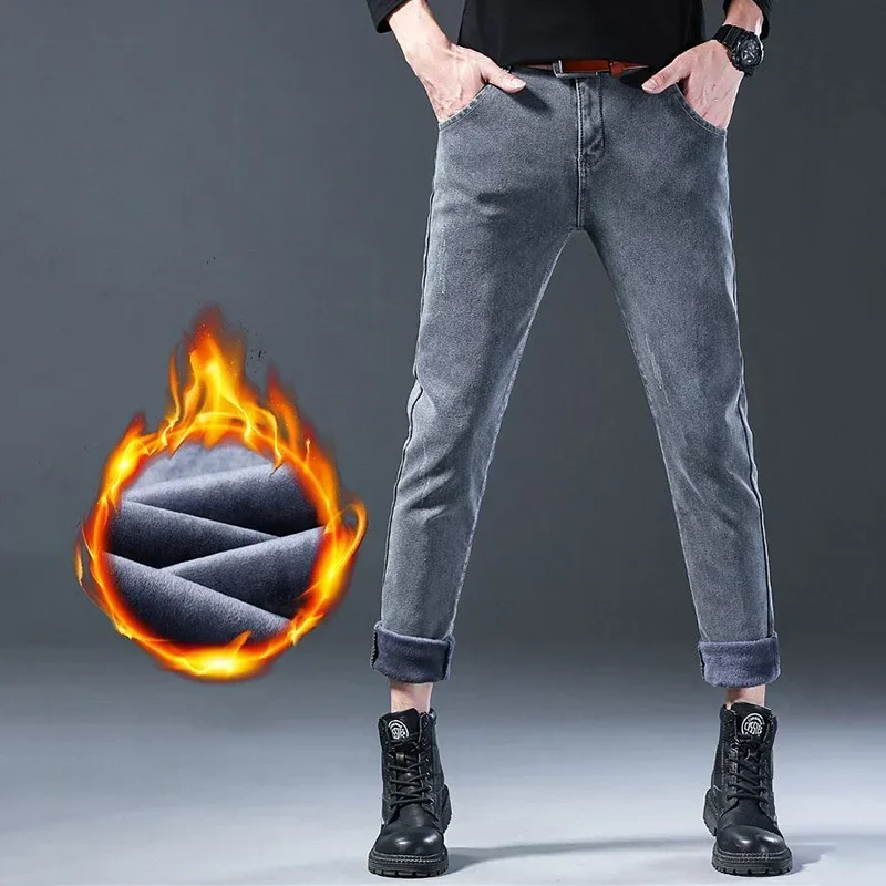 2024 Men Comfortable Winter Thermal Jeans Basic Snow Warm Plush Outside Denim Trousers Fashion Designer Skinny Casual Pants Male 2