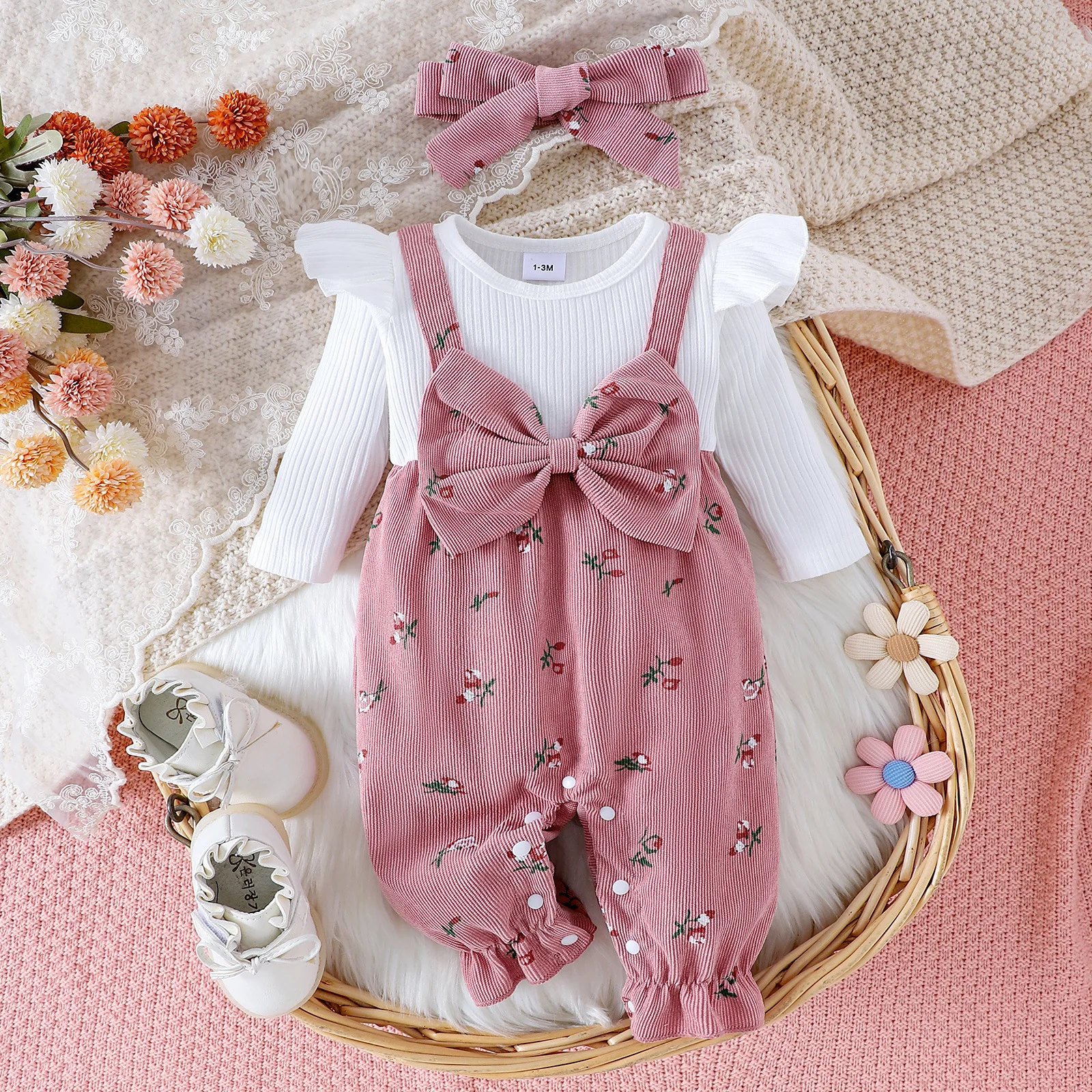 1PCS Autumn Floral Patchwork Romper Set for Infant Girls Long Sleeve Jumpsuit with Bow Headband Cute Baby Outfit Clothing Bundle