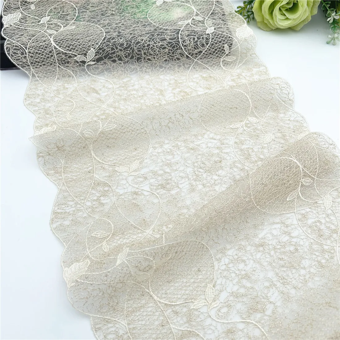 3y/Lot Width 9 3/4 inch 25cm Beige Shimmer No-elastic Embroidery Lace Trim Wedding Sewing Craft DIY Apparel Fabric Accessory 1